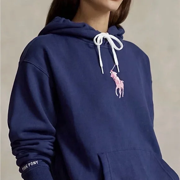 Polo by Ralph Lauren Navy Hoodie with Pink Pony Embroidery - Picture 3 of 4